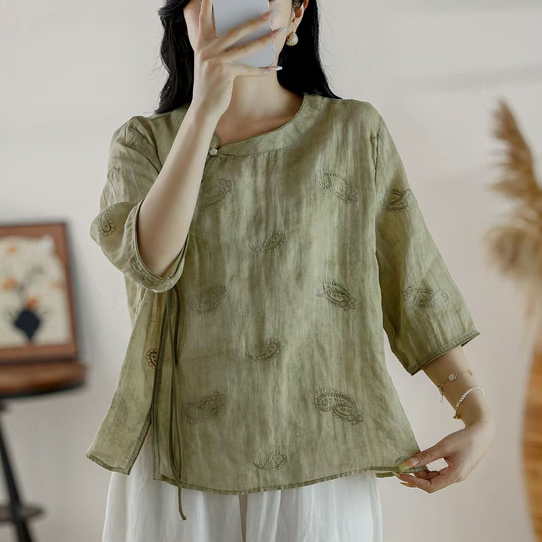 100%纯苎麻短袖上衣女短款刺绣斜门襟手工立体花文艺衬衫夏季棉麻
