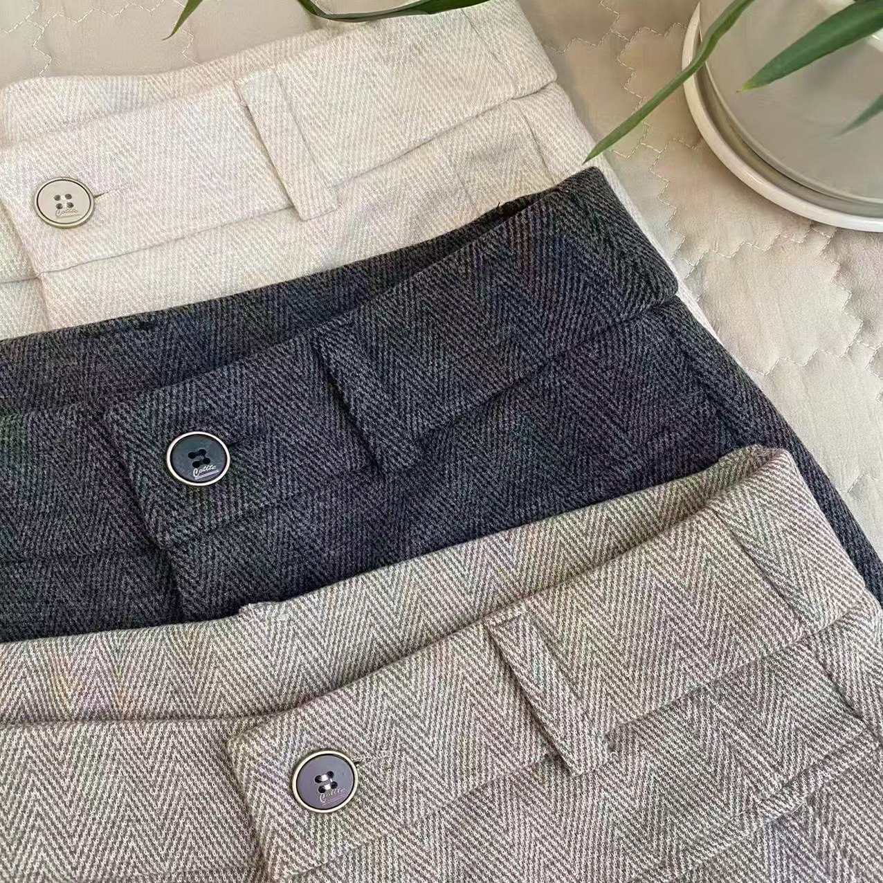 新款羊绒蚕丝裤子女休闲毛呢人字纹阔腿保暖直筒春秋窄版加厚灰色