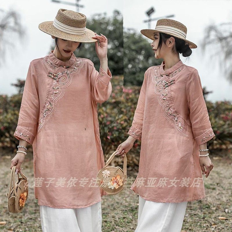 100%纯苎麻高端女夏薄款中长款衬衫立领盘扣刺绣中国风斜襟民族风