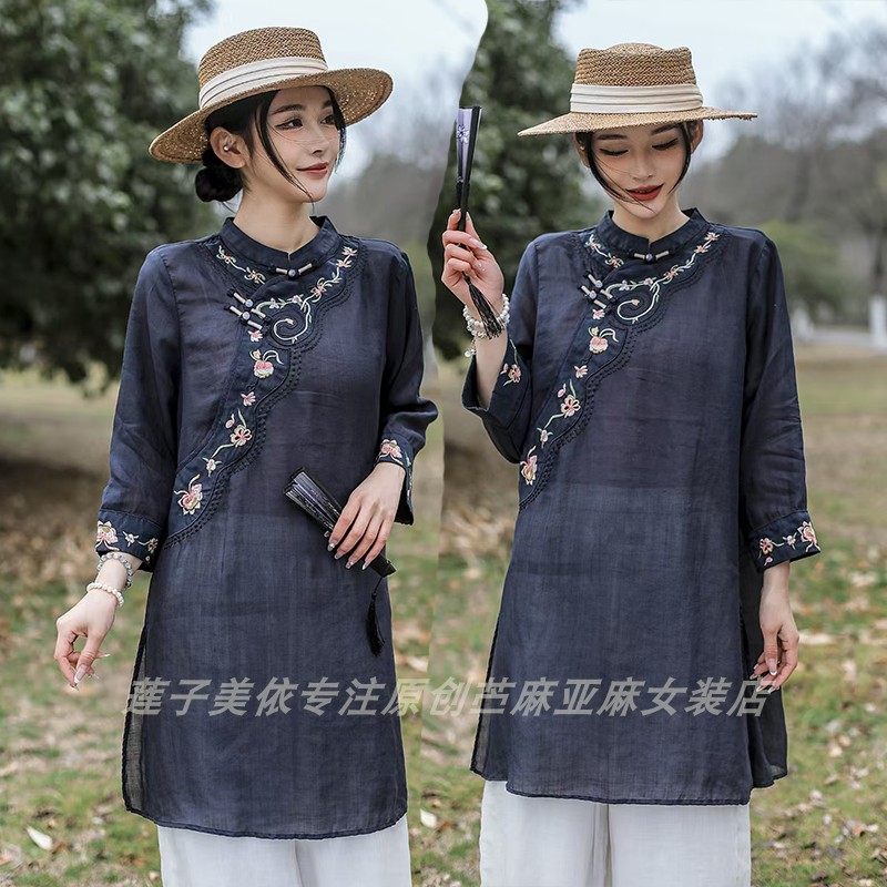100%纯苎麻高端女夏薄款中长款衬衫立领盘扣刺绣中国风斜襟民族风
