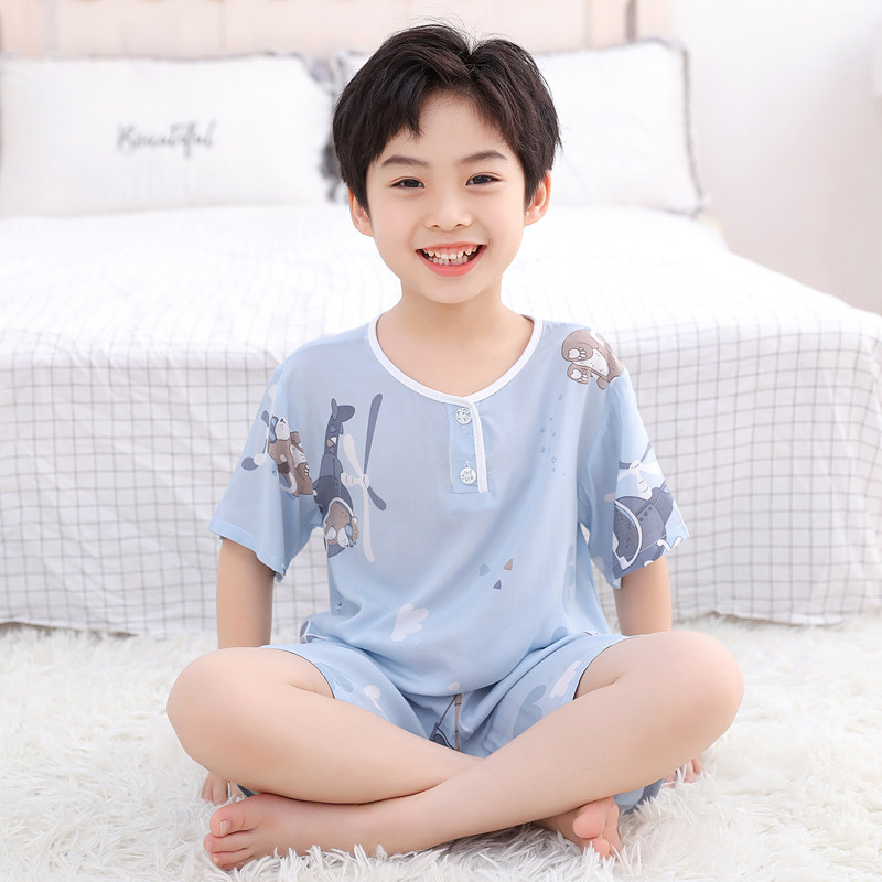 夏季儿童棉绸睡衣套装男童孩家居服 北极绒伊语家居服套装