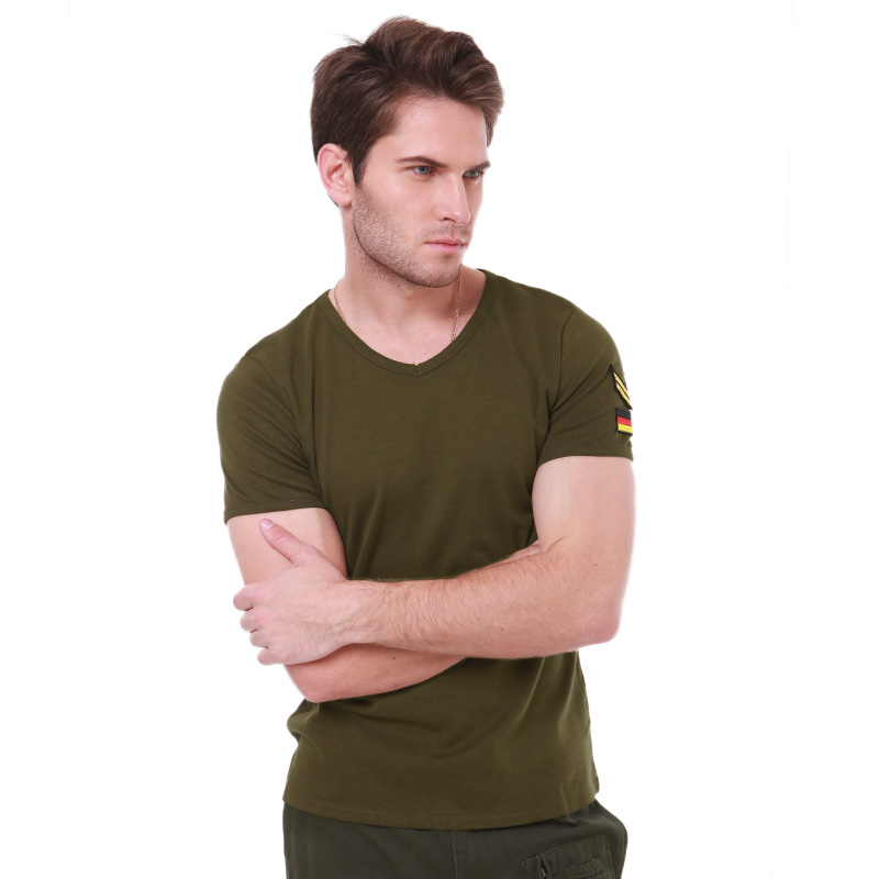 同盟军潮流V领军迷t恤男夏装短袖T恤户外修身版短袖军绿色T恤-图2