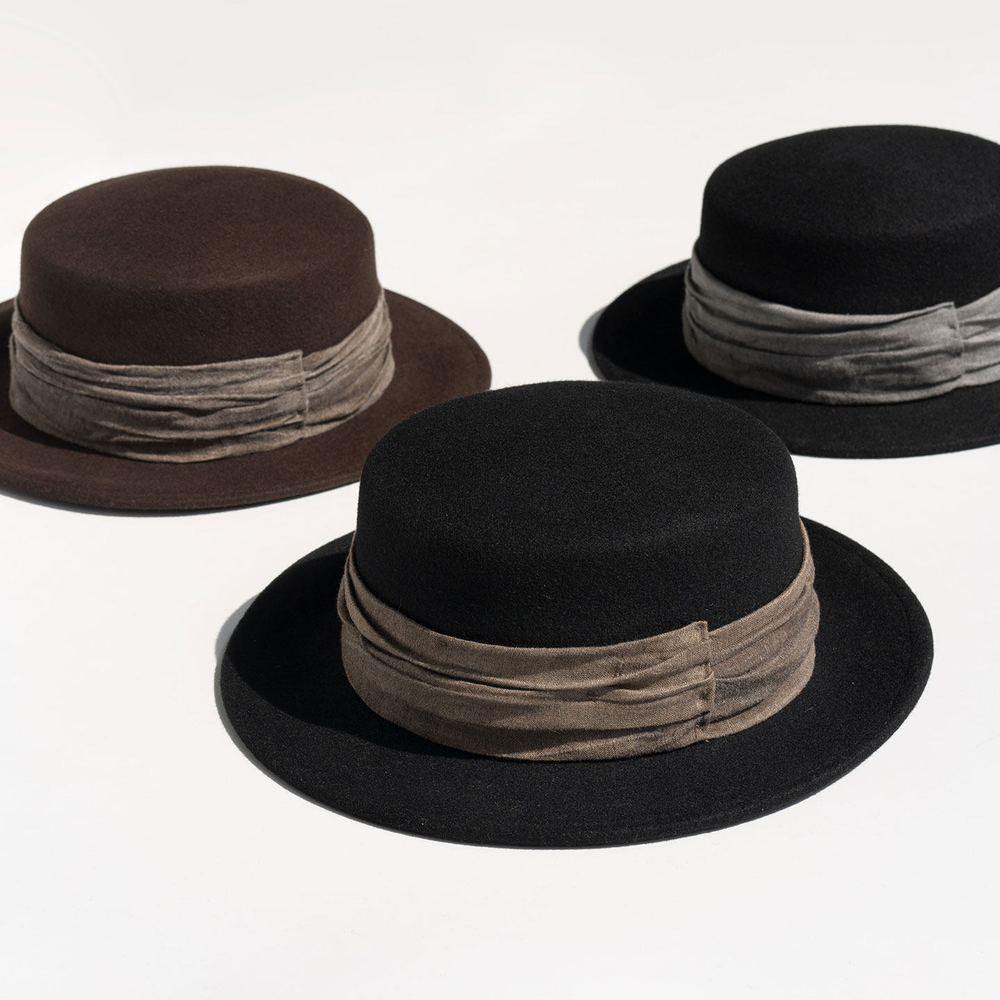 疯帽子 英伦风纯羊毛呢平顶礼帽 时尚褶皱丝带装饰设计秋冬新