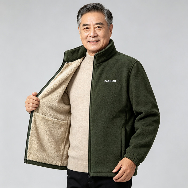 New autumn and winter fleece jacket for men, color-blocked polar fleece, thickened and warm, middle-aged and elderly tops, windproof jackets, trendy jackets
