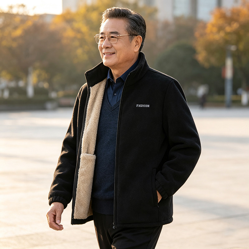 New autumn and winter fleece jacket for men, color-blocked polar fleece, thickened and warm, middle-aged and elderly tops, windproof jackets, trendy jackets