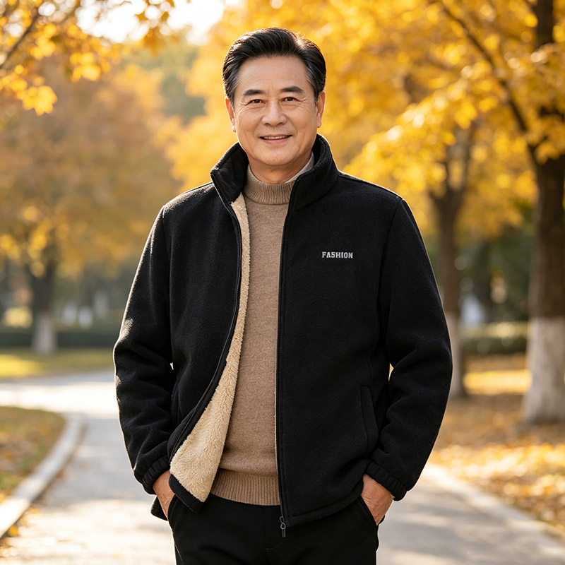 New autumn and winter fleece jacket for men, color-blocked polar fleece, thickened and warm, middle-aged and elderly tops, windproof coats, gray jackets