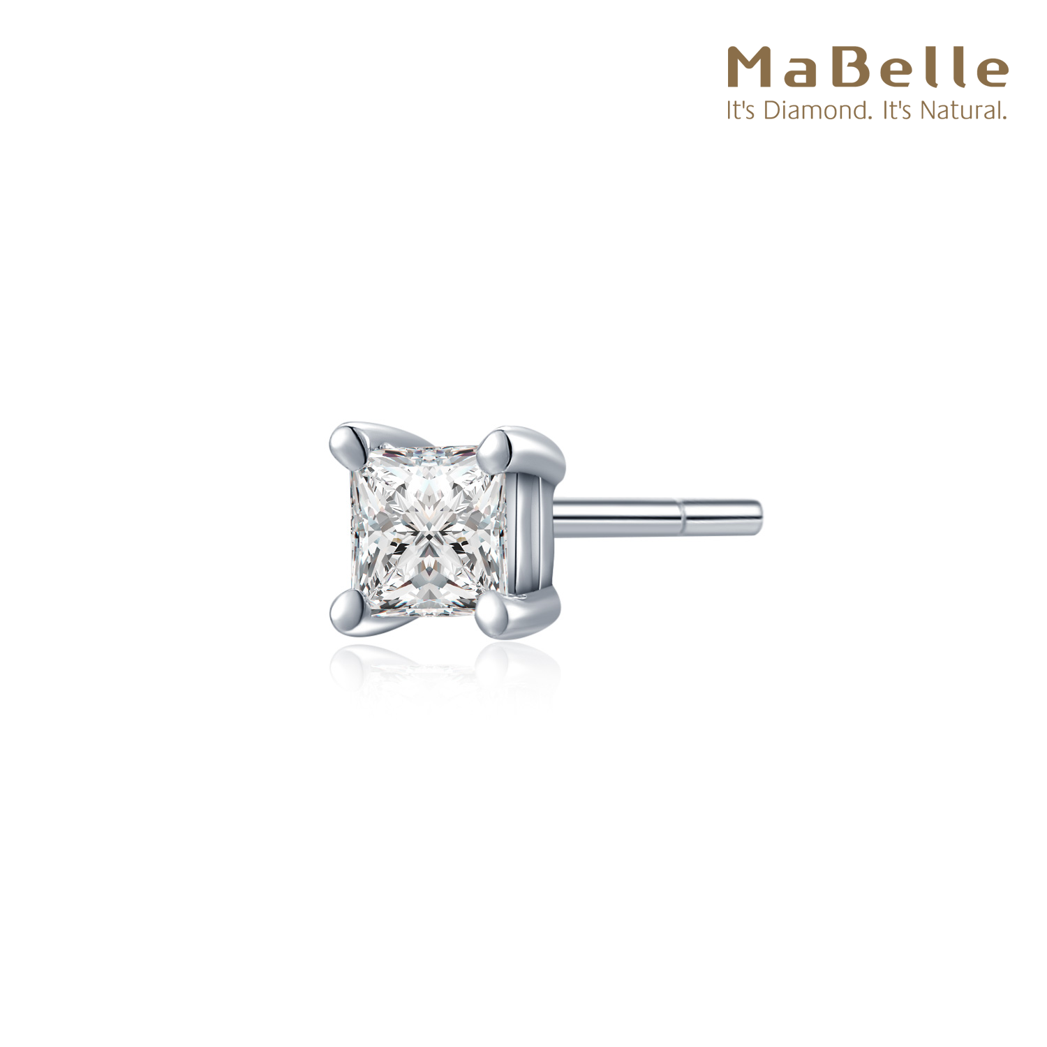 MaBelle/玛贝尔18K白金 公主方单颗粒钻石单边耳钉 男女皆可佩戴 - 图0