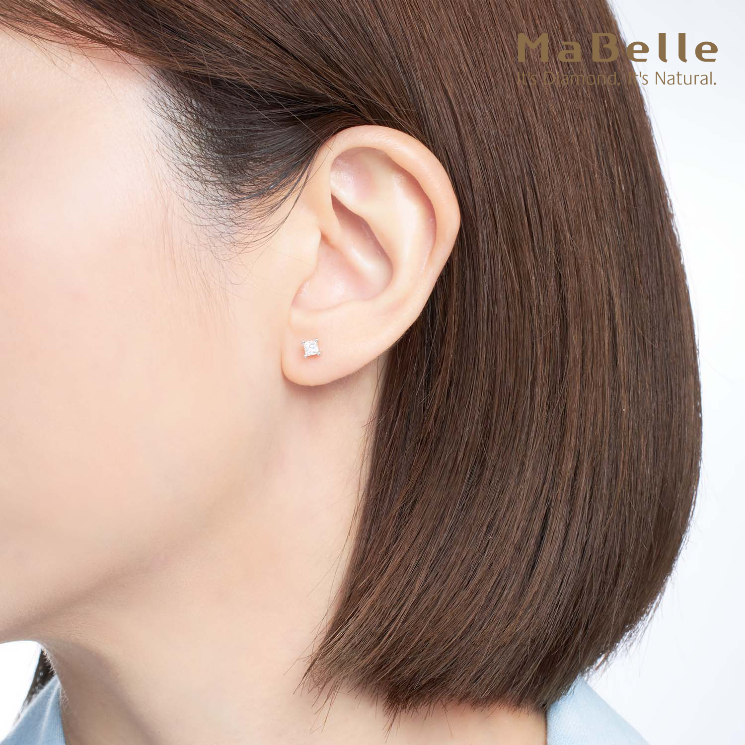 MaBelle/玛贝尔18K白金 公主方单颗粒钻石单边耳钉 男女皆可佩戴 - 图1