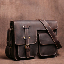 Original Head Layer Bull Leather Mens Bag Handmade Retro single shoulder bag Leisure mad Horse leather Diagonal Satchel bag Cambridge Bag Tide