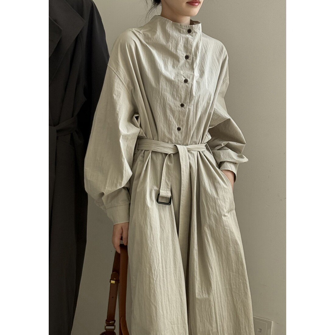 秋季巨好看的立领腰带衬衫连衣裙女长款高个子高级韩系氛围感外套