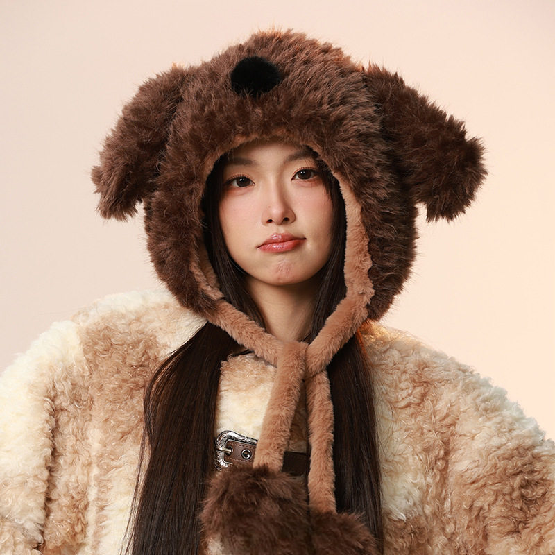 香港潮牌 实拍2025年冬季新款韩版卡通小狗毛球包头帽女保暖毛绒,淘宝优惠券,粉丝福利购,淘宝优惠卷