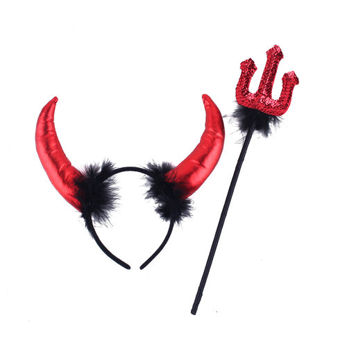 1宸涛万圣节用品恶魔角红牛角牛叉两件套恶魔三叉牛叉COS魔鬼道具 - 图2