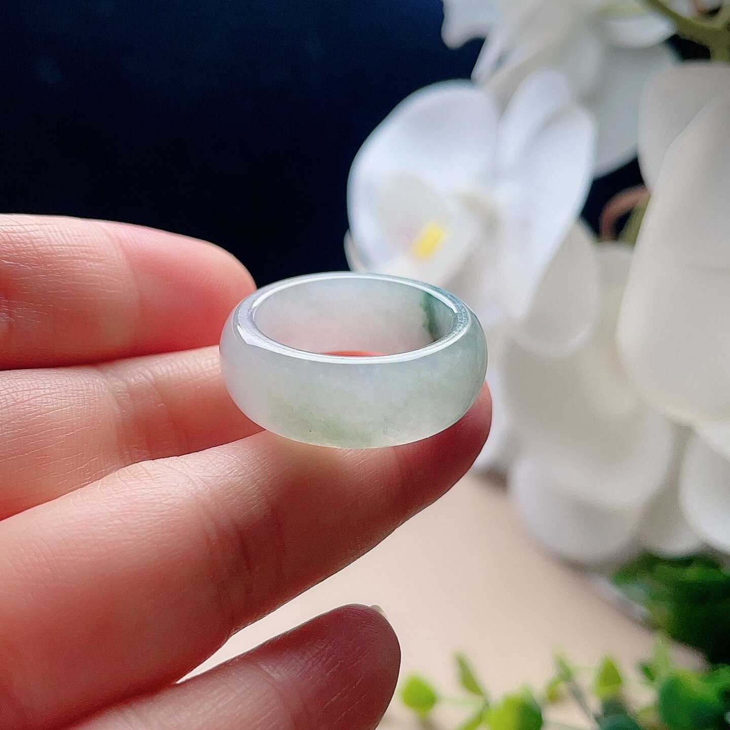 Natural jadeite wide edge ring milky white and light green fresh