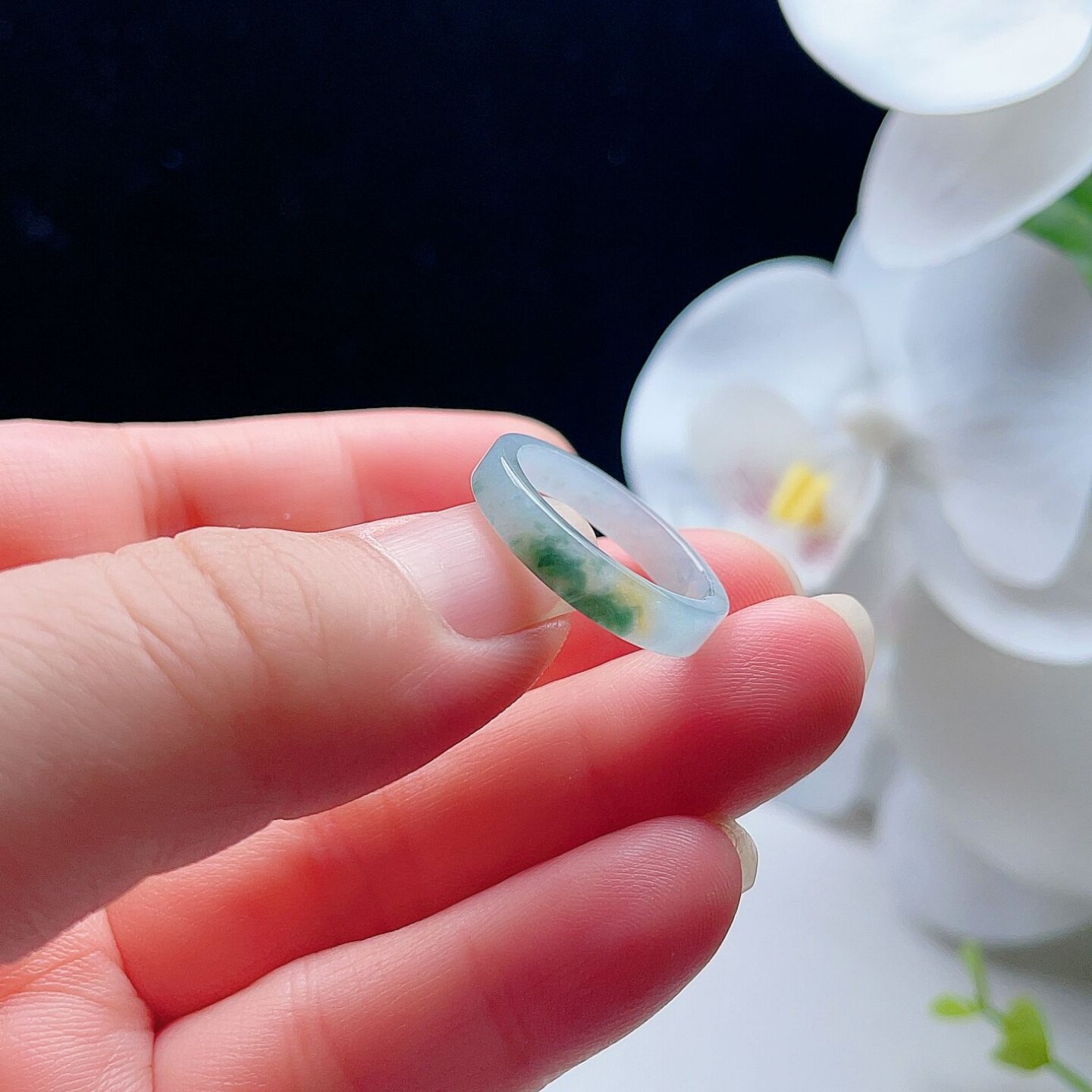 Natural jadeite square ring, milky white, yellowish green and sprinkled with gold
