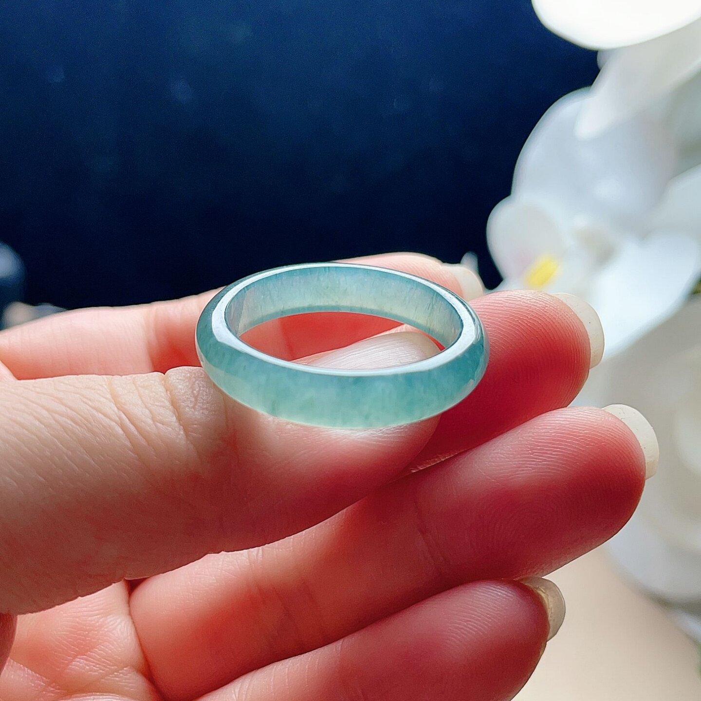 Natural jade ring blue and green floating flowers fresh jade ring