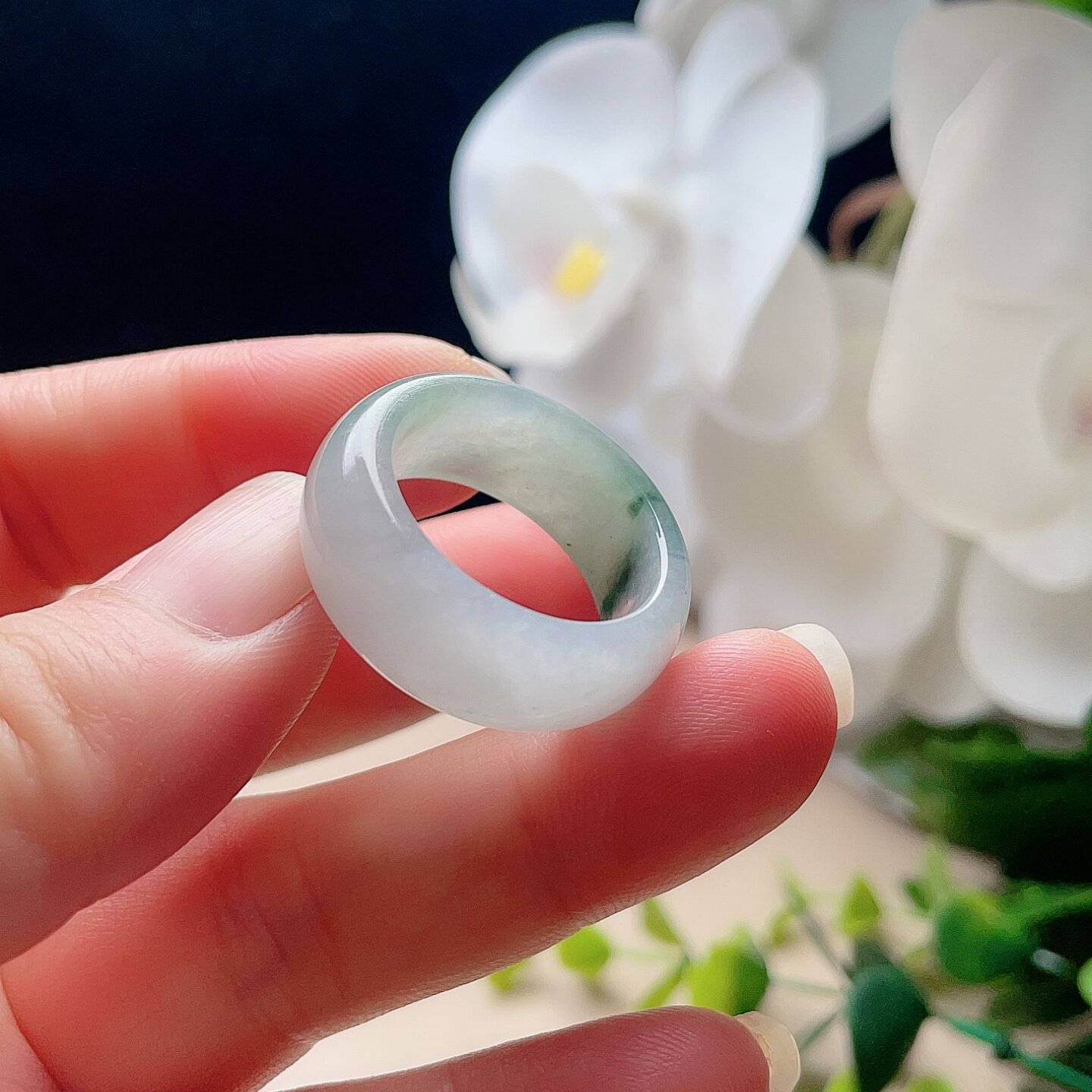 Natural jadeite wide edge ring milky white and light green fresh