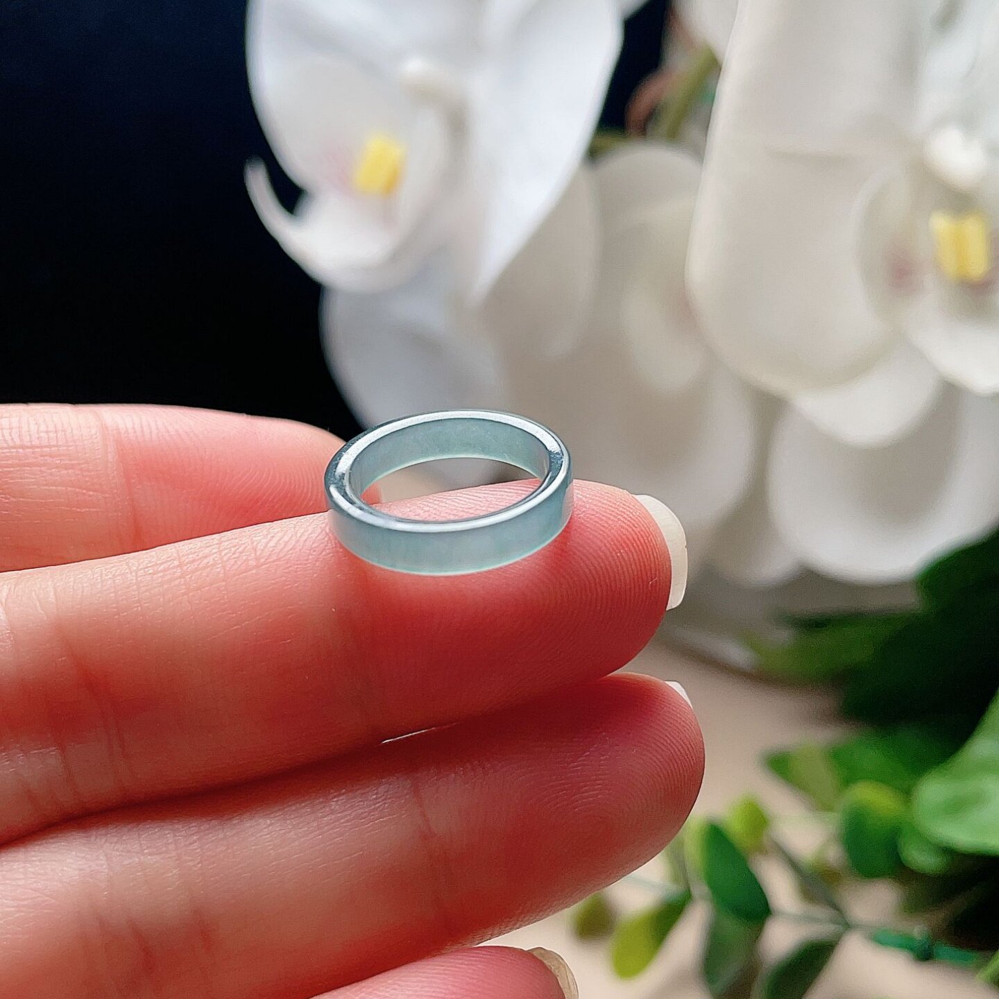 Natural jade square ring, blue and green small jade ring, fresh