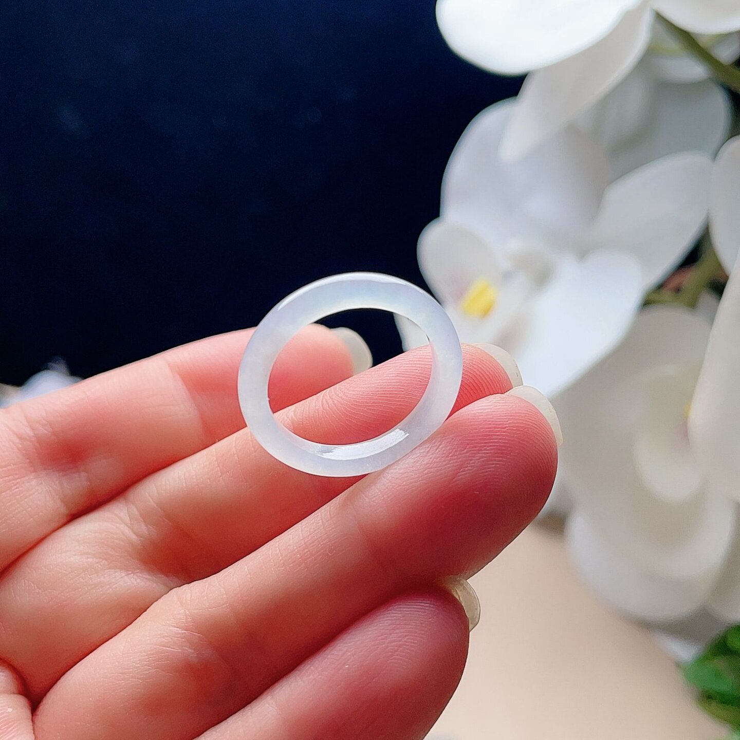 Natural jade thin edge ring milky white fresh jade ring