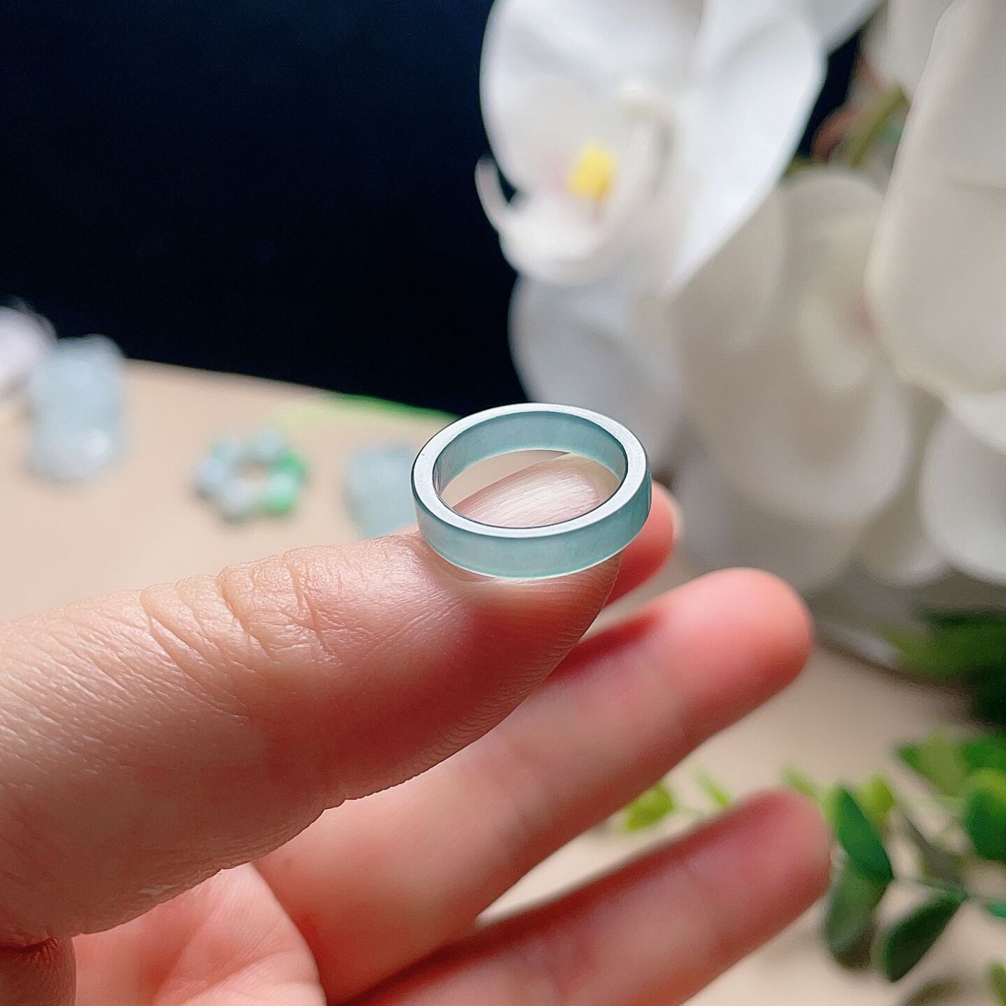 Natural jade square ring, blue and green small jade ring, fresh