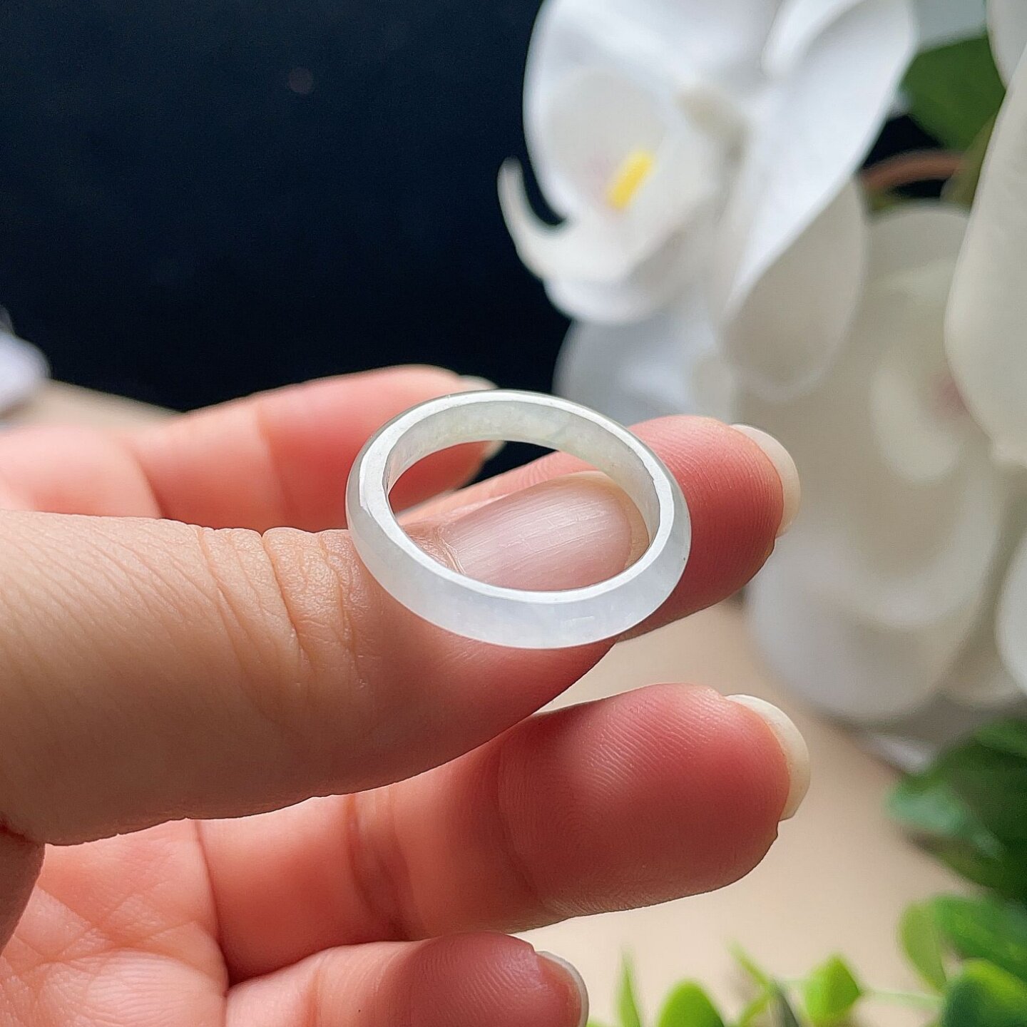 Natural jadeite ring milky white light green double color jade ring