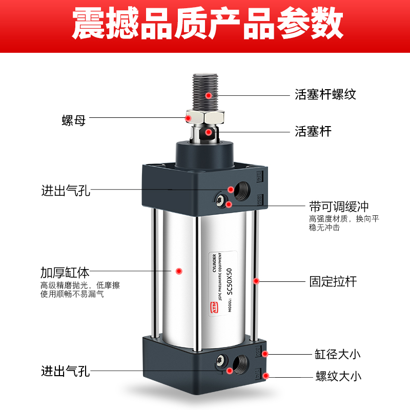 亚德客型SC标准气缸小型气动大推力SC32x40x50x63x80x100x125x160 - 图1