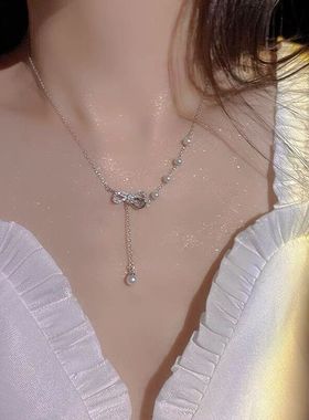 香港正生纯银s925蝴蝶结珍珠流苏项链女潮个性仙气网红抖音锁骨链