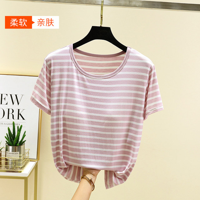 ເສື້ອຍືດແຂນສັ້ນ Modal ຄໍຮອບເອິກ padded striped T-shirt