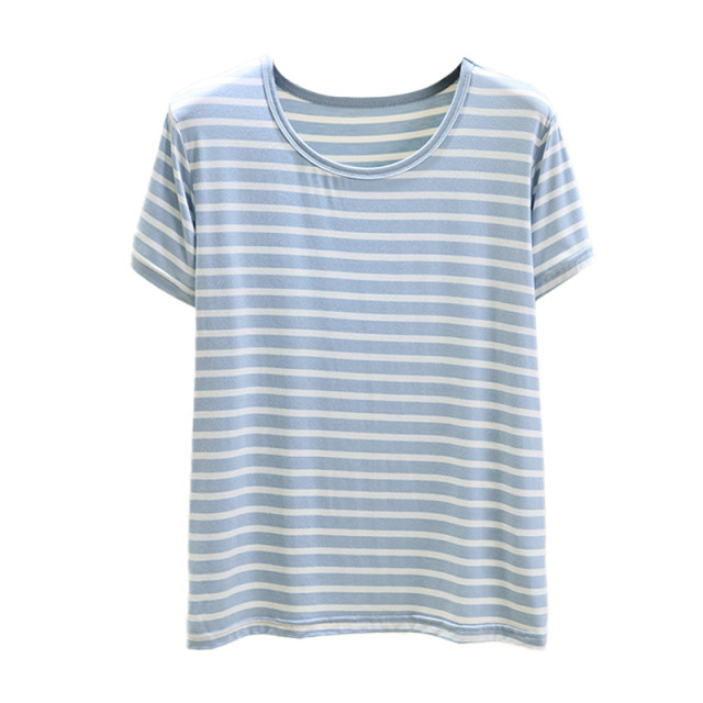 ແມ່ຍິງ summer modal ຄໍ round striped ເທິງ