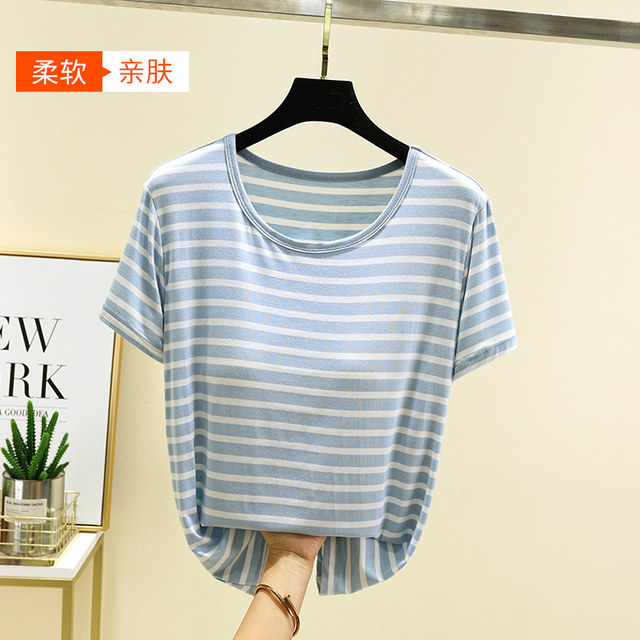 ເສື້ອຍືດແຂນສັ້ນ Modal ຄໍຮອບເອິກ padded striped T-shirt