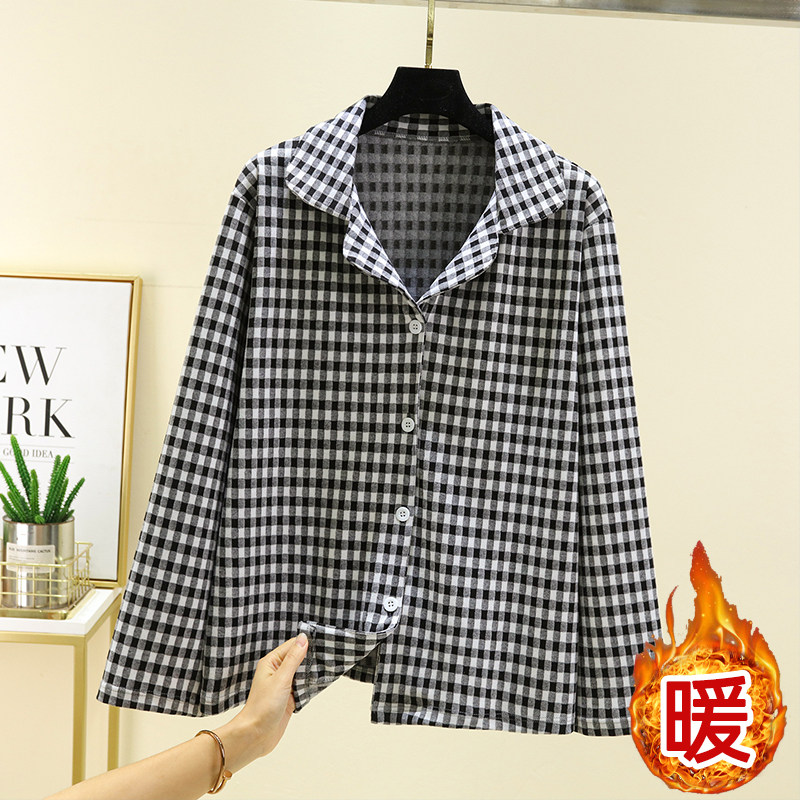德绒翻领格子睡衣上装女冬季加厚保暖居家翻领上衣大码加绒开衫,淘宝优惠券,粉丝福利购,淘宝优惠卷