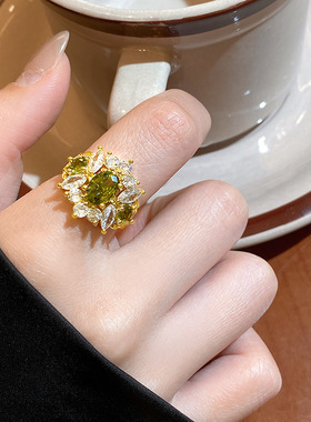 法式复古宫廷风橄榄绿锆石戒指女优雅轻奢小众精致高级感开口指环