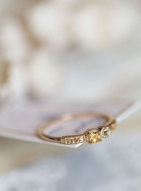 海盐柠檬茶 复古精致天然黄水晶玫瑰切白托帕镀14K黄金色轻奢戒指