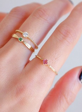 《夏目友人帐》日系14K黄金色天然粉色碧玺戒指 轻奢细小叠戴指环
