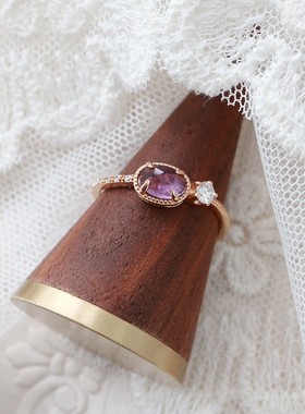 新款日系小众高仿天然紫水晶不规则轻奢简约微镶锆石戒指环气质