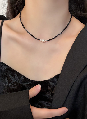 天然淡水珍珠黑色水晶锁骨项链