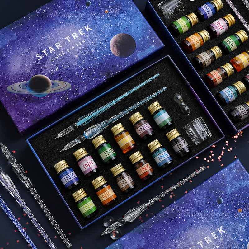 水晶玻璃笔墨水高颜值蘸水笔复古风套装彩色星空学生用签字笔礼物 - 图1