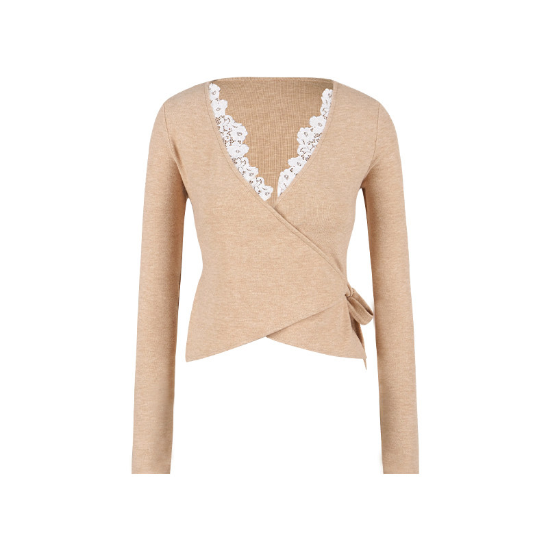 ITSNIKAR 复古蕾丝拼接v领毛针织衫女冬绑带性感打底衫显瘦短上衣,淘宝优惠券,粉丝福利购,淘宝优惠卷