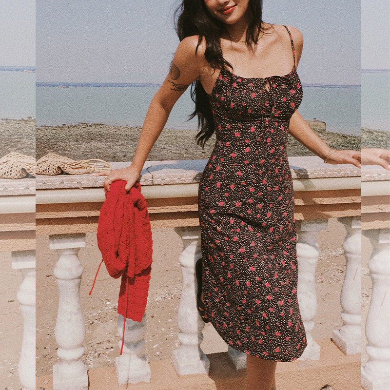 ITSNIKAR法式玫瑰蝴蝶结吊带连衣裙女复古修身包臀裙收腰长款裙子,淘宝优惠券,粉丝福利购,淘宝优惠卷