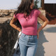 ITSNIKAR Retro Slim Round Neck ແຂນສັ້ນ