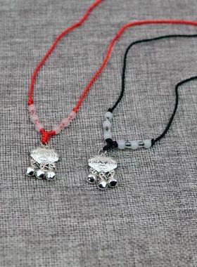 百岁红绳吉祥平安富贵周岁礼物铃铛吊坠镀银锁头长命锁项链