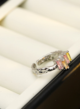 缤纷多彩甜美酷潮个性银色戒指不规则几何彩钻拼接小众ins风