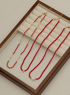 秋冬红色系列时尚毛衣链串珠链级感时尚搭配锁骨链叠戴项链