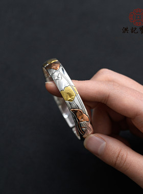 嵌金银杏叶纯银手镯原创