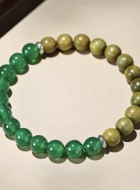 天然绿玛瑙绿檀木手串男女同款简约半山半水盘玩手链饰品朋友礼物