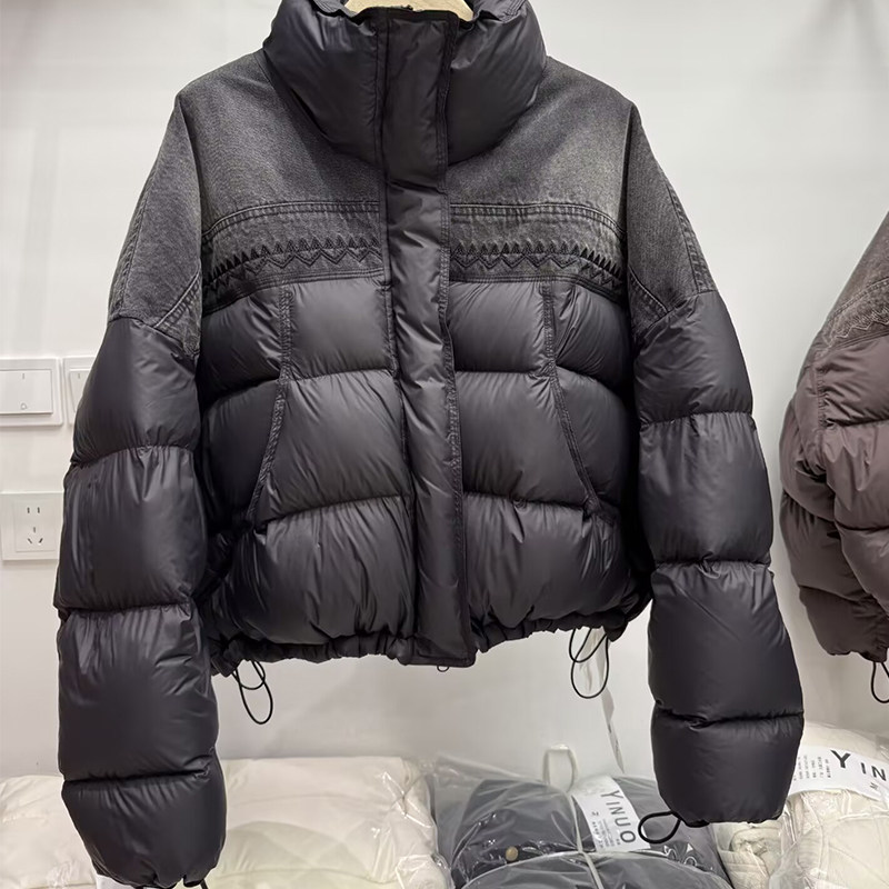 韩版宽松立领牛仔拼接刺绣90白鸭绒羽绒服女面包服短外套冬季保暖,淘宝优惠券,粉丝福利购,淘宝优惠卷