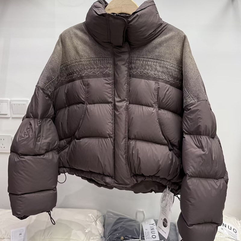 韩版宽松立领牛仔拼接刺绣90白鸭绒羽绒服女面包服短外套冬季保暖,淘宝优惠券,粉丝福利购,淘宝优惠卷