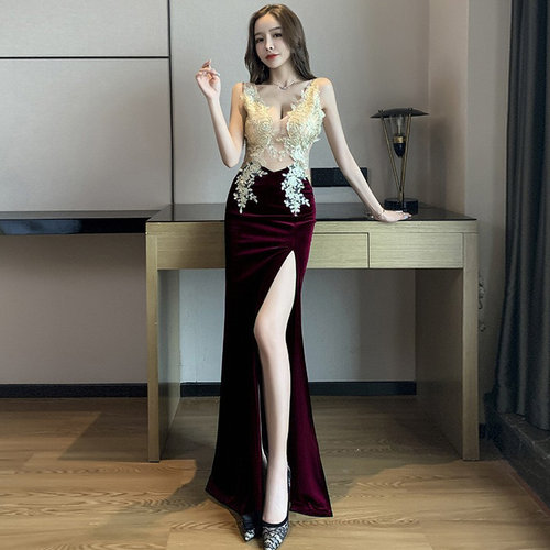 生日礼服高端轻奢高级感女2026新款宴会性感金丝绒晚礼服气质开叉 - 图2