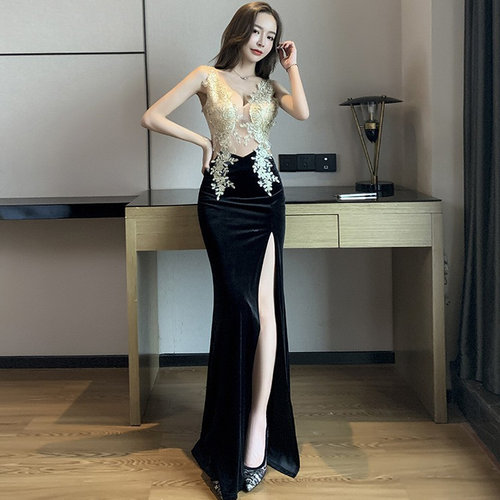 生日礼服高端轻奢高级感女2026新款宴会性感金丝绒晚礼服气质开叉 - 图3