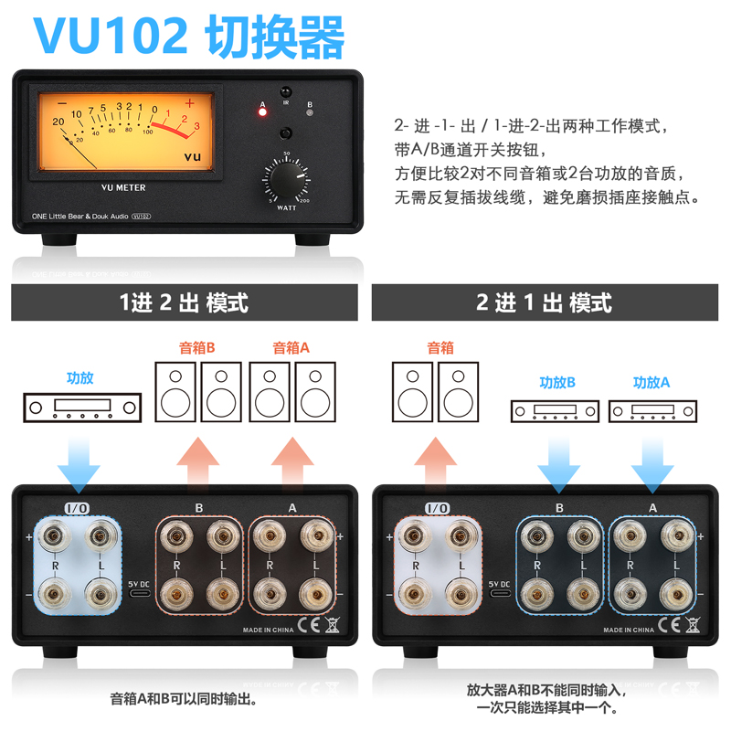 小熊 2进1出/1进2出 1切2 功放/音箱选择 切换器 带VU电平表 遥控 - 图2