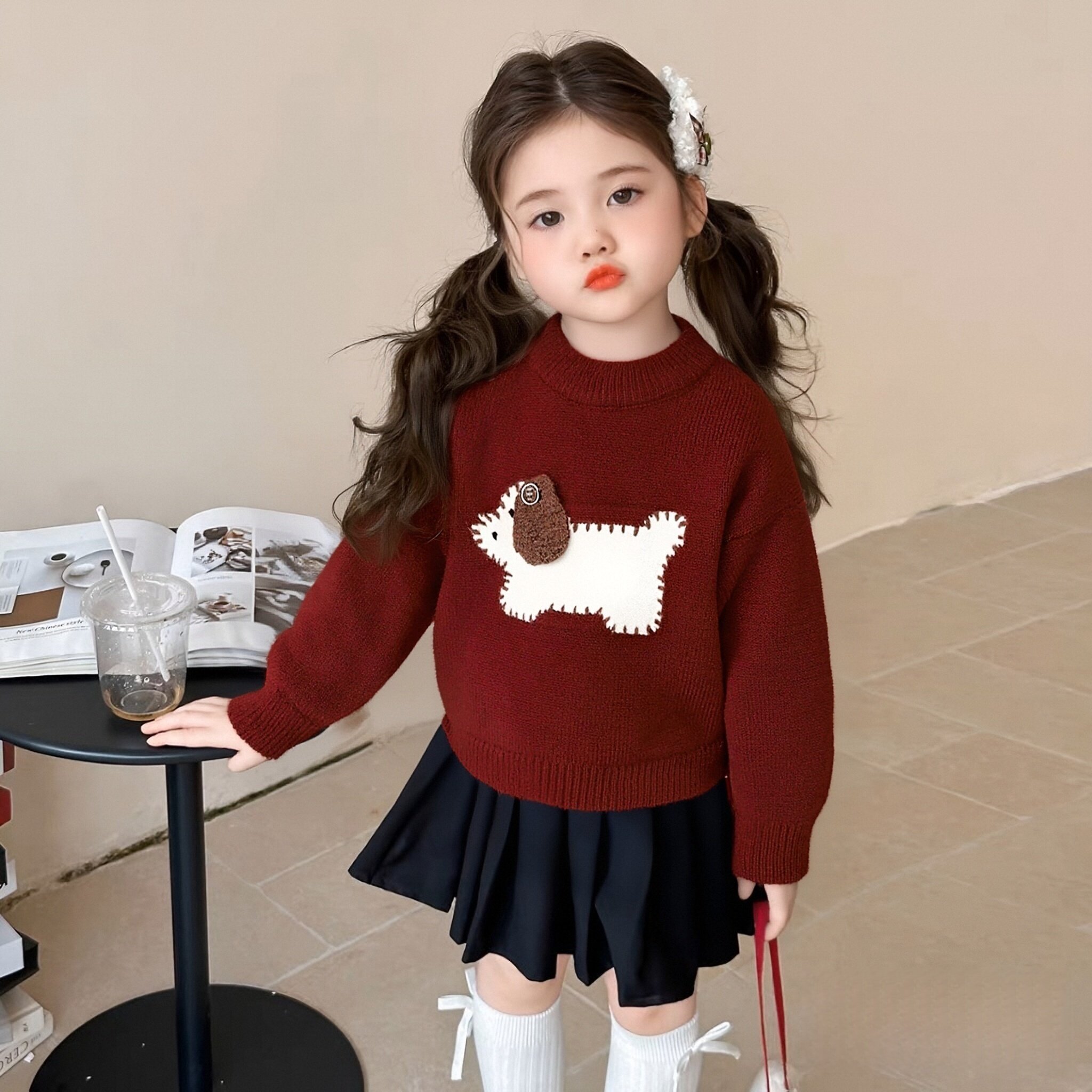 女童加厚毛衣2025秋冬新款洋气男宝宝小狗红色针织打底衫儿童保暖,淘宝优惠券,粉丝福利购,淘宝优惠卷